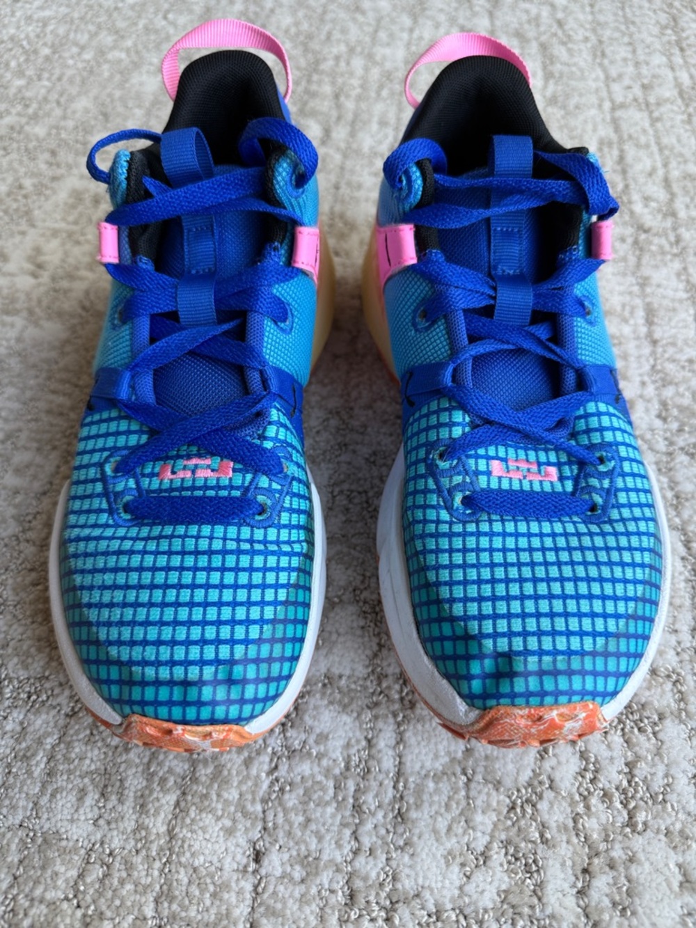 Nike LeBron James Blue and Pink Athletic Sneakers with Orange Accents